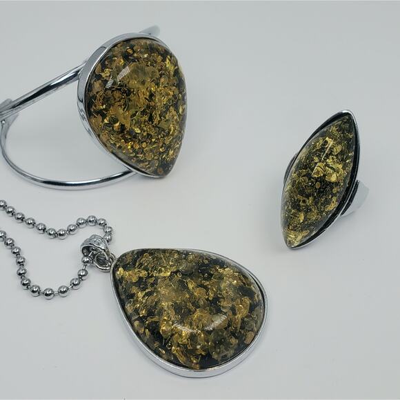 Vintage Baltic Amber Huge Chunky Boho Necklace, Bracelet, and Ring Set NOS - Picture 2 of 9